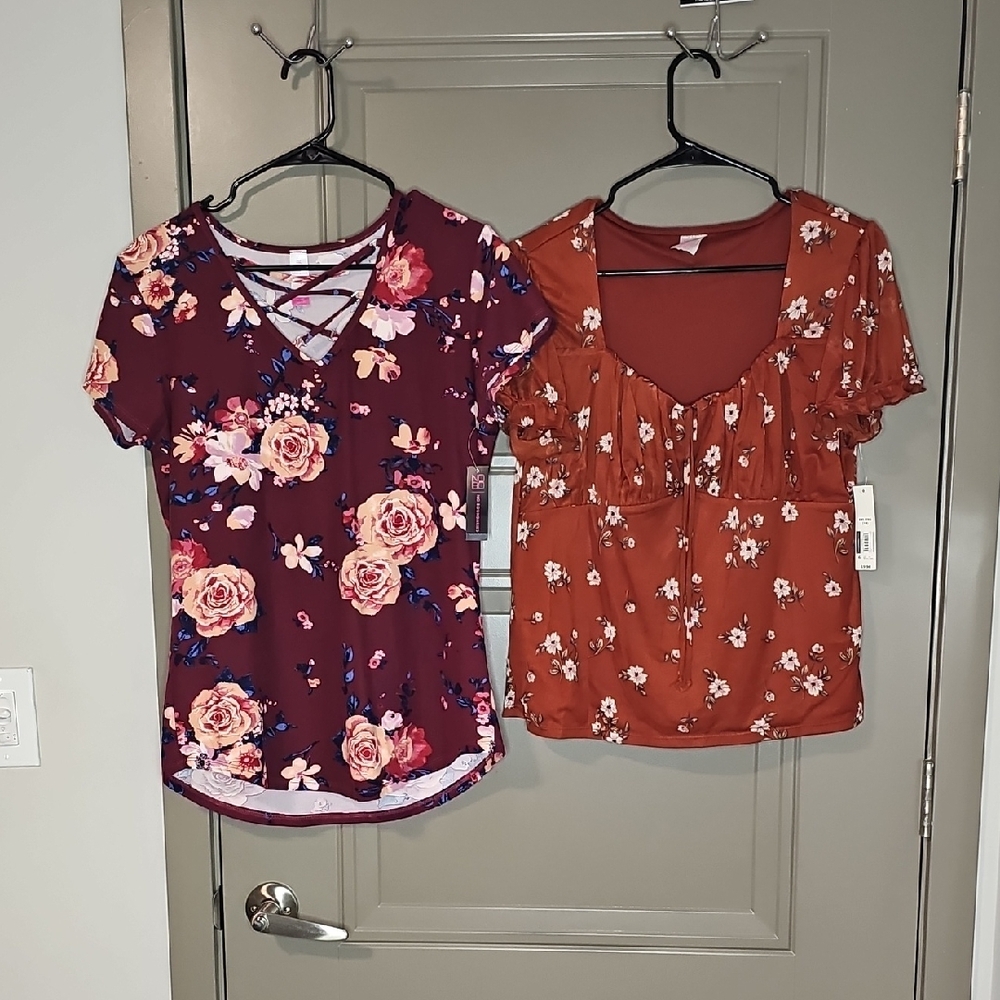 Red and Pink Ruffled Tie Front Blouse